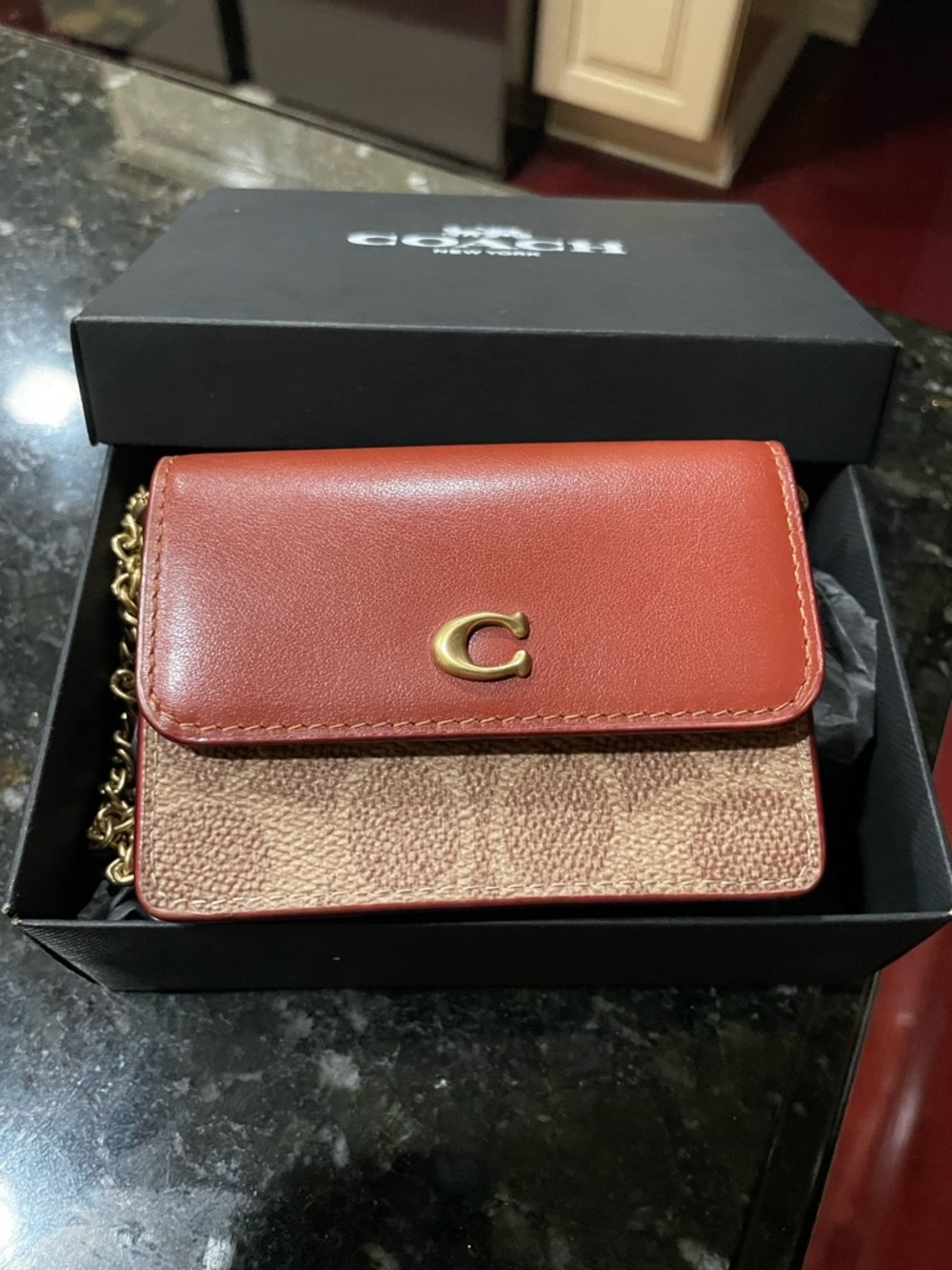 NWOT with a box Coach Brown Leather Mini Bag with original Coach gold chain. - Picture 2 of 14